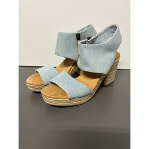 Toms Denim Wedge Sandals Light Wash Zip Ankle Strap Women's 8.5